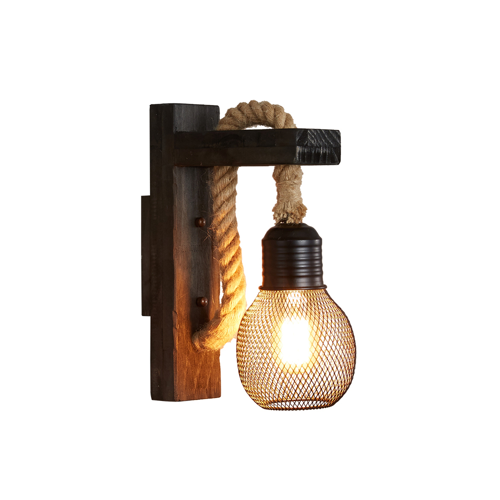 Retro Solid Wood Wall Lamp Industrial Style Hemp Rope Wall Sconce
