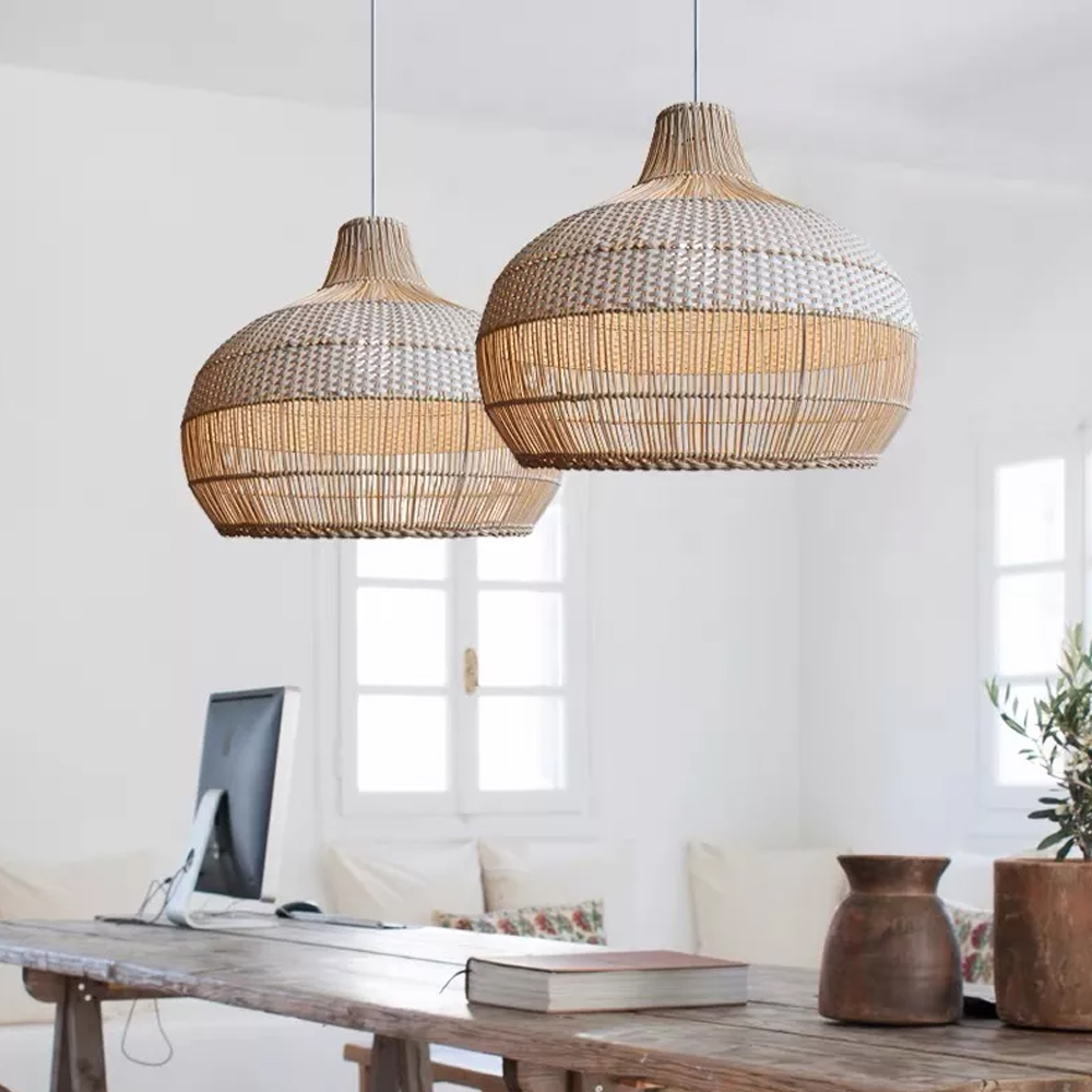 Boho Luminaire Dining Room Rattan Pendant Light Kitchen Tropical Lampshade Wicker Bamboo Vine Light Fixture