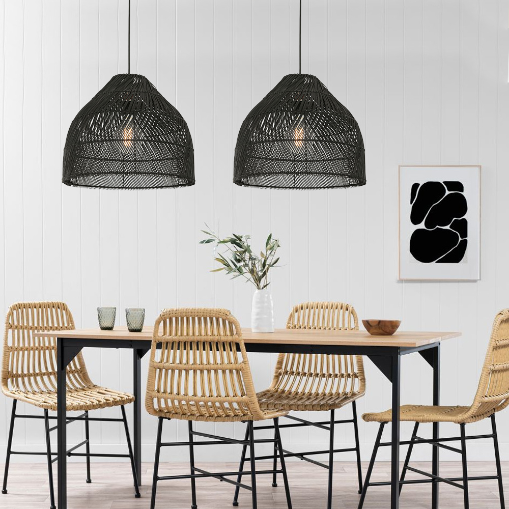 Rattan Hand-woven Lighting Natural Black Basket Pendant Lamp For Dining Room