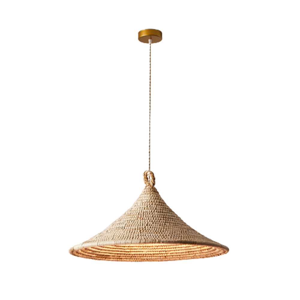 Wabi-sabi Hardwired Rattan Straw Hat Pendant Light Home Decor Lamp