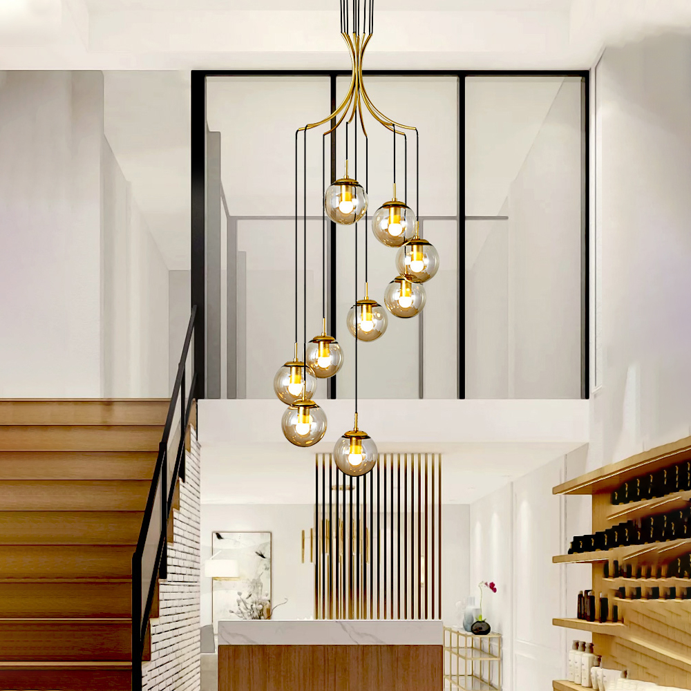 View of Loft Glass Chandelier Modern Brass Long Metal Pendant Light