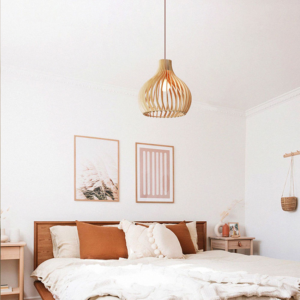 Nordic Hand-Woven Wood Chandelier Birdcage Lamp Japanese Creative Wood Pendant Lighting Fixture