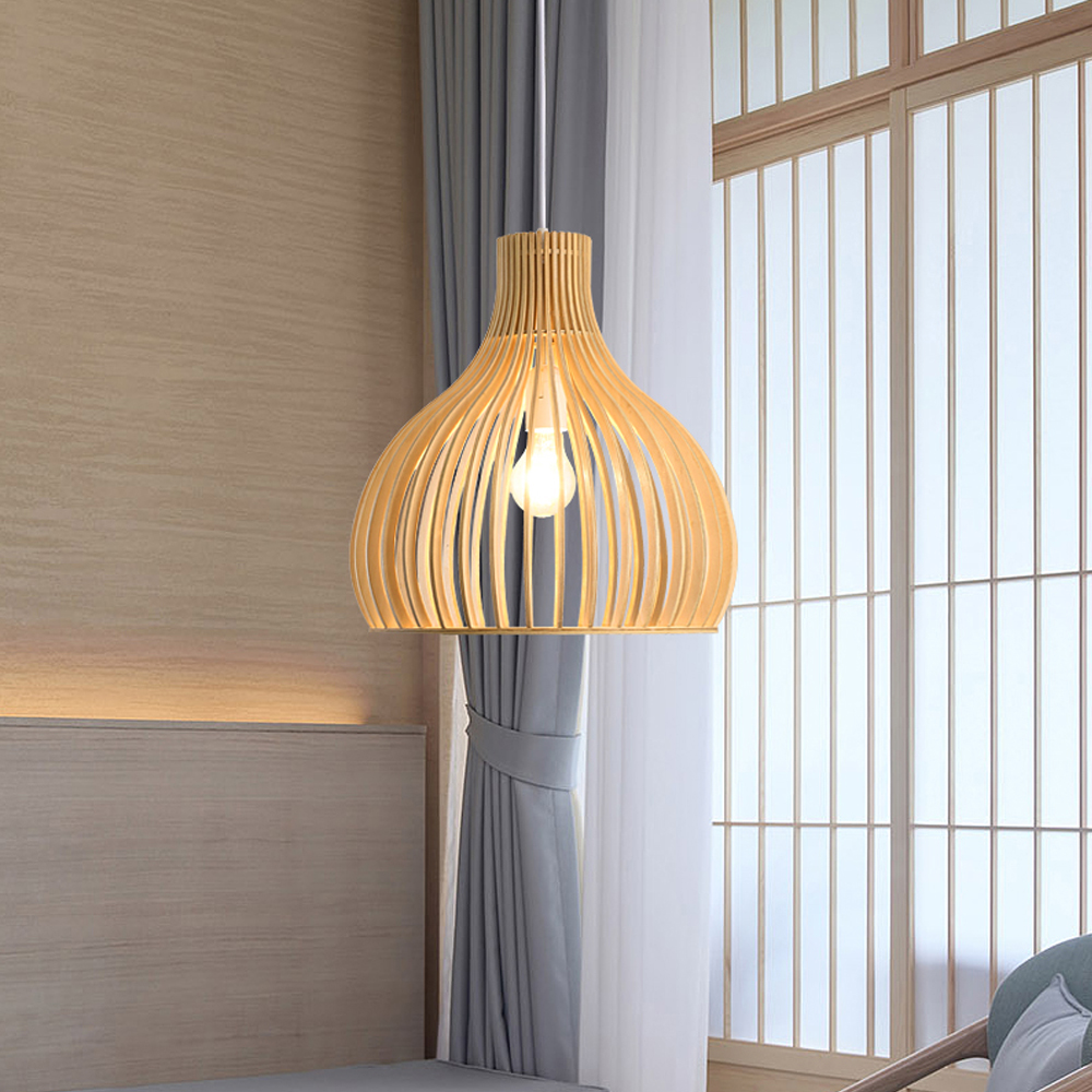 Modern Japanese Wooden Pendant Light Pumpkin Chandelier For Dining Room Bedroom