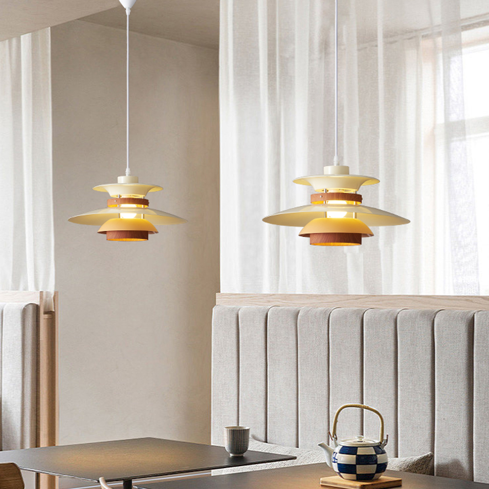 Mid-Century Modern Wood Pendant Light Danish Kitchen Island Multilayer Lampshade
