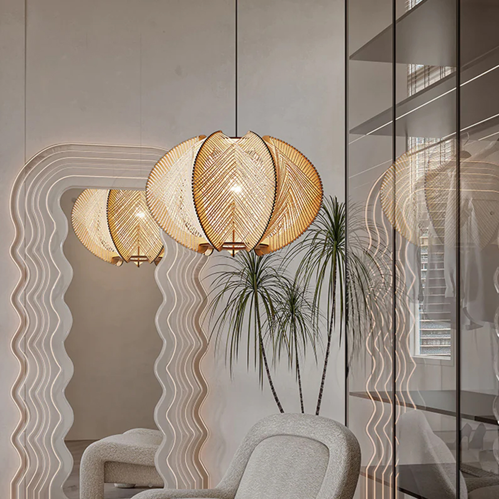 Wabi Sabi Scandinavian Wooden Pendant Lights Mid Century  Rope Chandelier