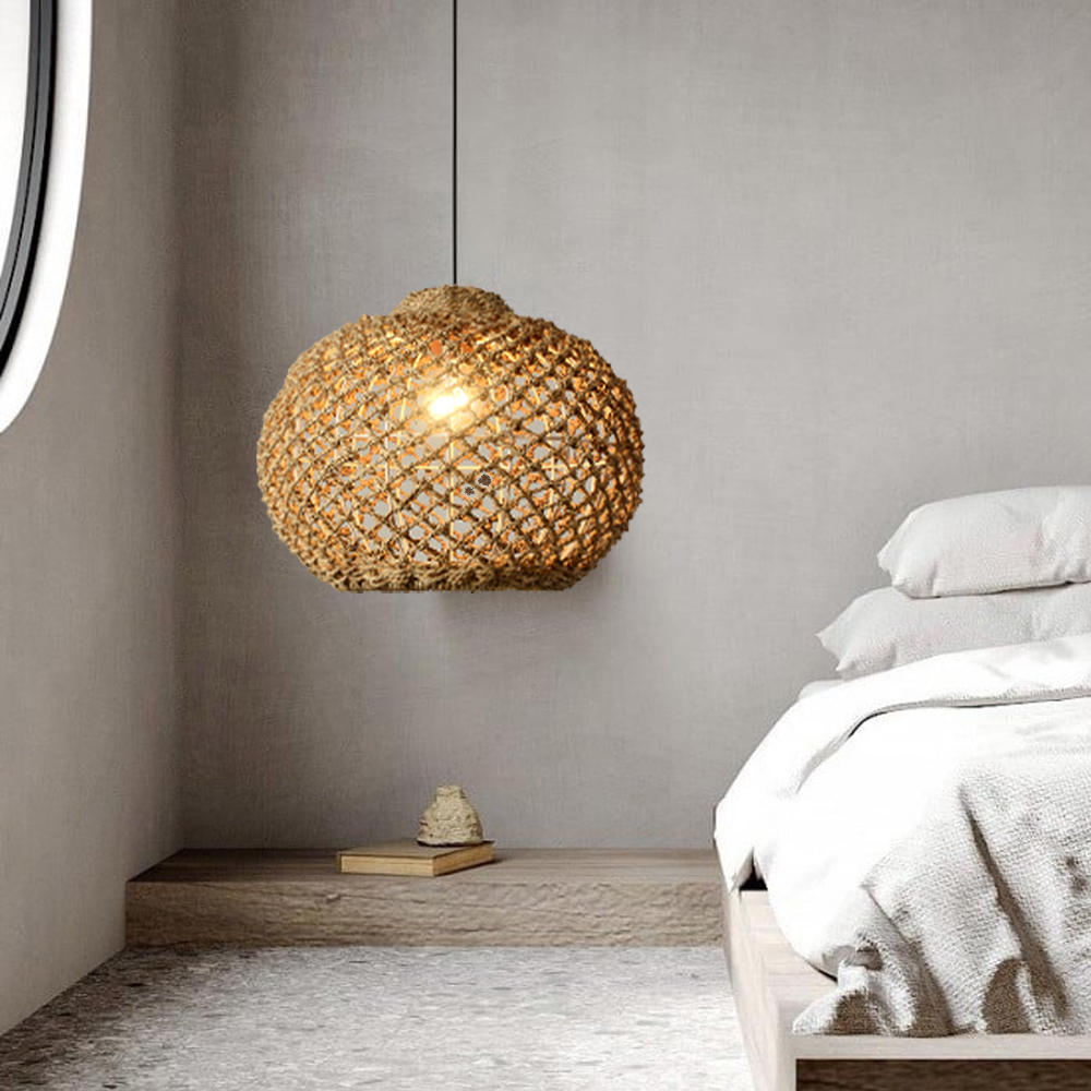 Rustic Rattan Pendant Lights Wabi-sabi Dining Room Chandelier