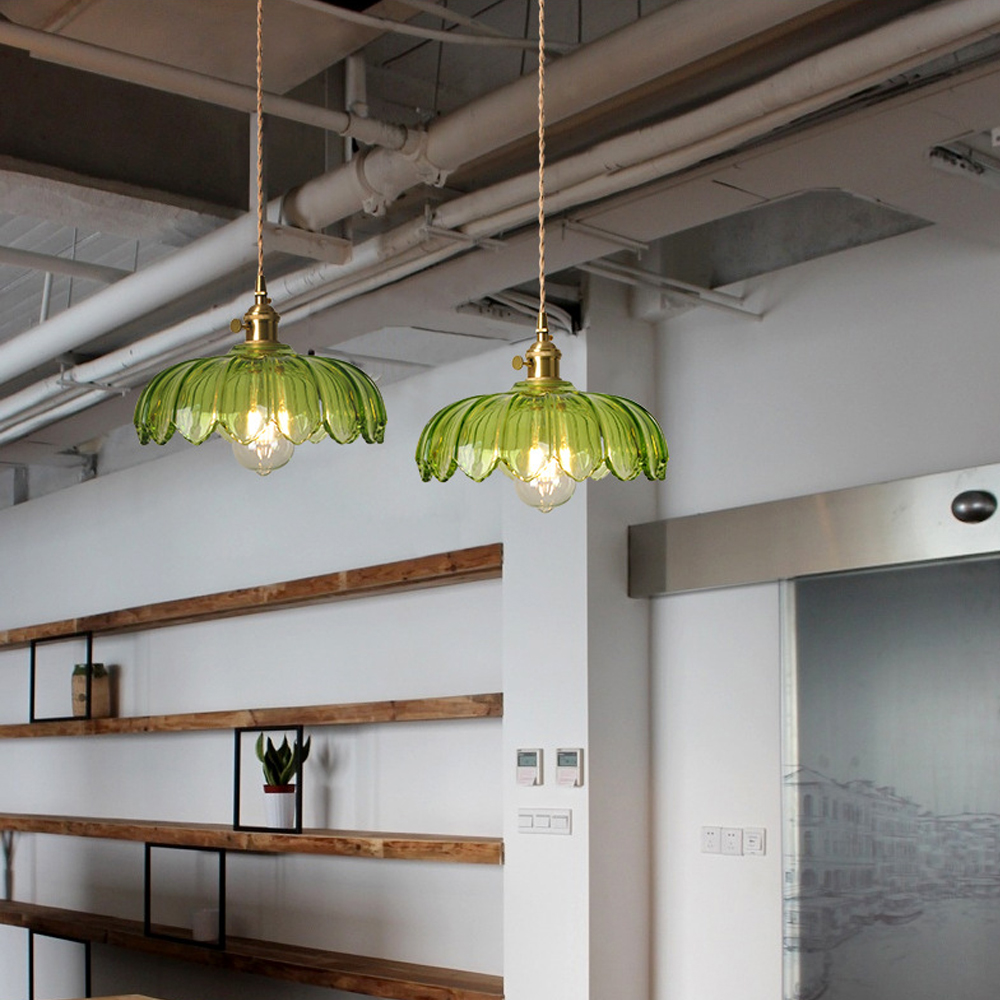 Vintage Green Copper Glass Chandelier Adjustable Pendant Light