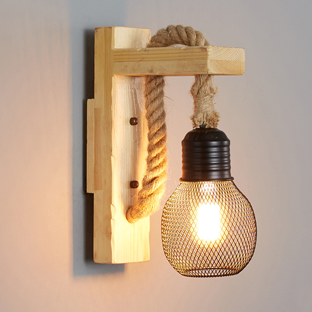 Retro Solid Wood Wall Lamp Industrial Style Hemp Rope Wall Sconce