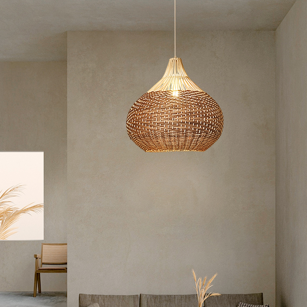 Handmade Rattan Weave Art Chandelier Round Pendant Lampshade Japanese Wabi-Sabi Chandelier