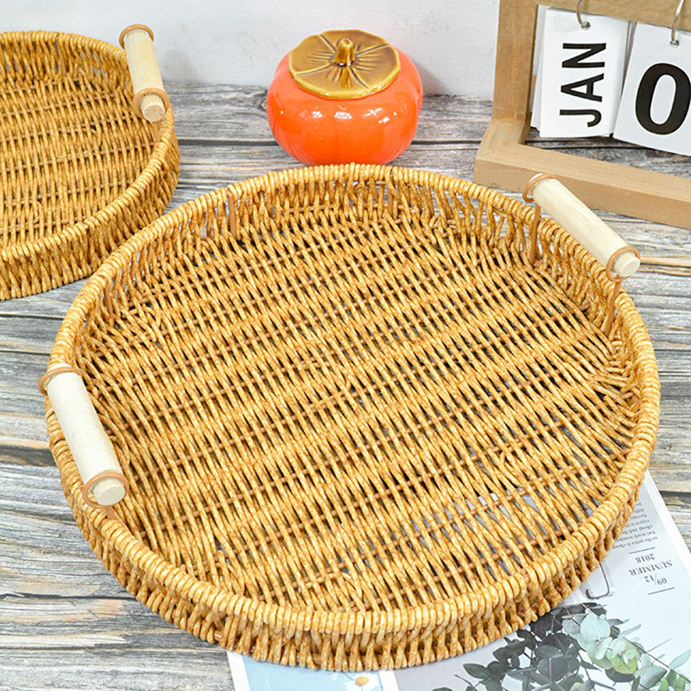 Rattan wicker handwoven dining serving tray platter with handles