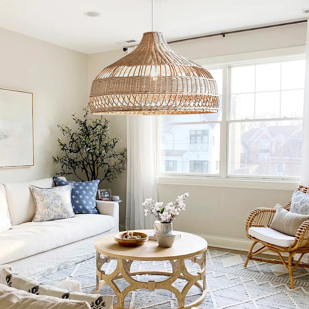 Hand-Woven Light Brown Basket Rattan Pendant Light Shades For Bedroom Living Room