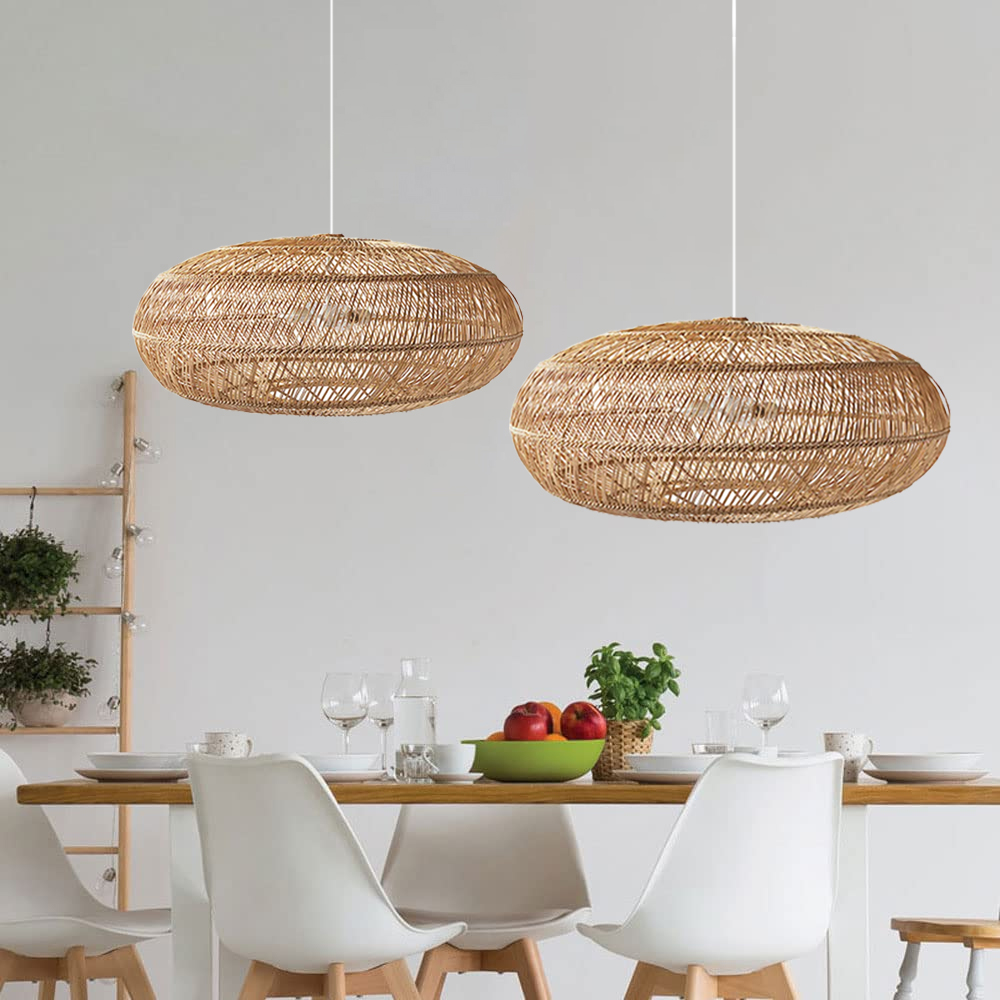 Hand-Woven Rattan Pendant Light Shade Dining Room Hanging Lamp