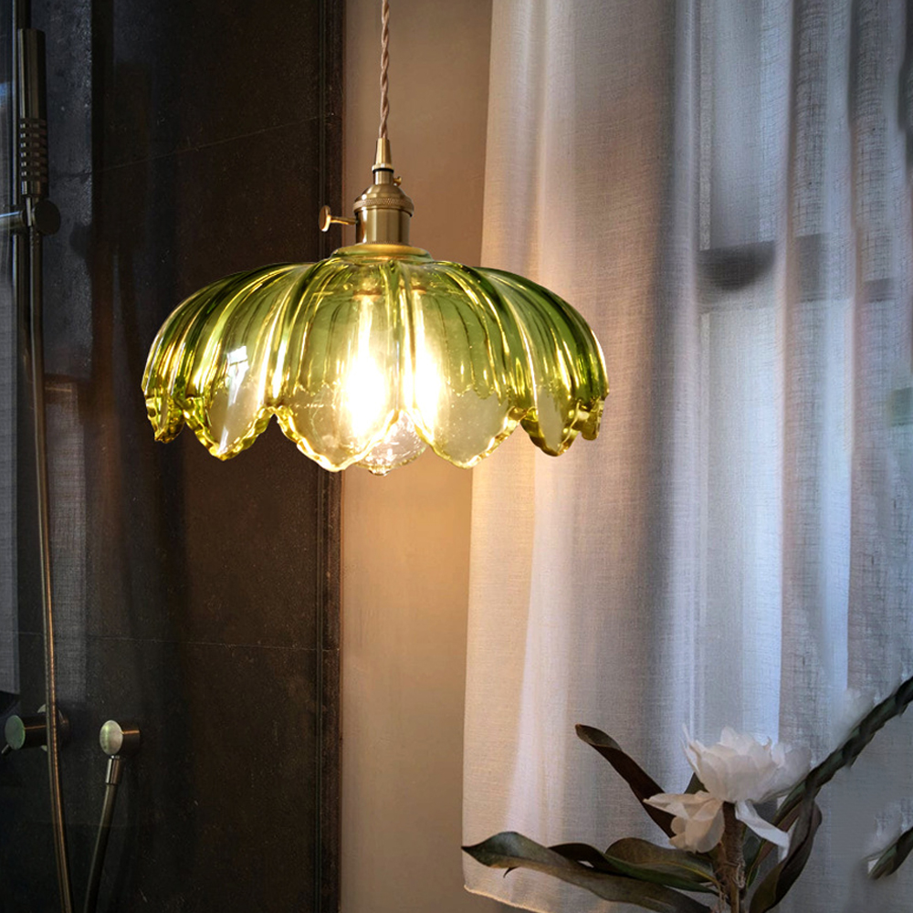 Vintage Green Copper Glass Chandelier Adjustable Pendant Light