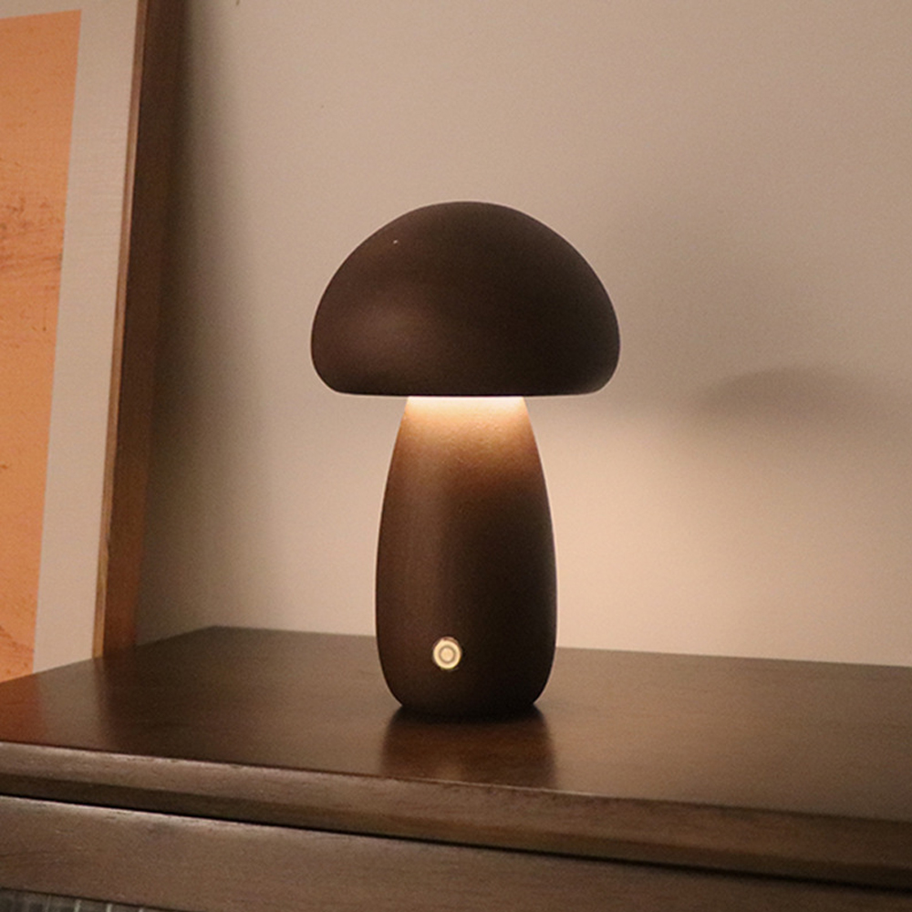 Wooden Mushroom Table Lamp LED Touch Switch Retro Sleeping Night Lamp