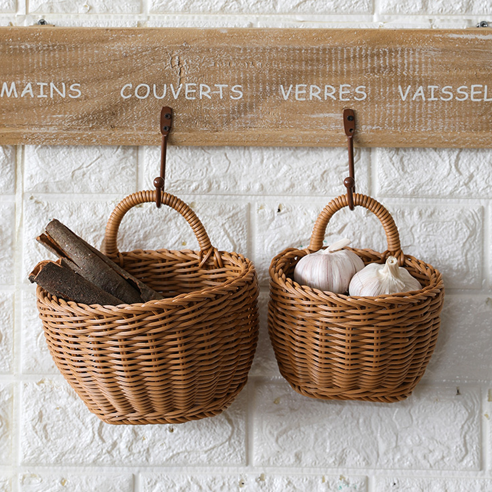 Nordic woven basket kitchen storage basket retro wall hanging basket portable small flower basket kitchen utensils hanging basket