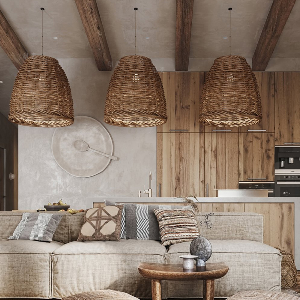 Wabi-sabi Vintage Pastoral Basket Weave Light Pendant Dining Room Rattan Decorative Lamps