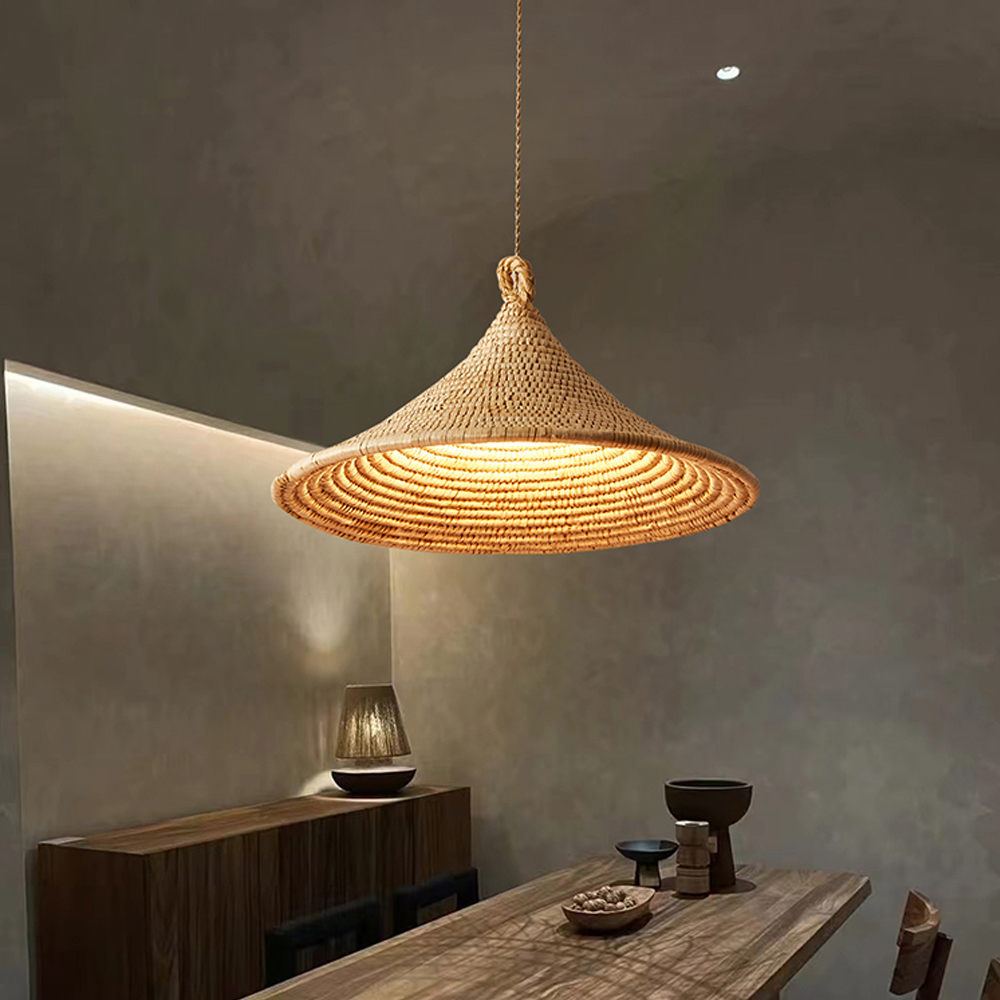 Wabi-sabi Hardwired Rattan Straw Hat Pendant Light Home Decor Lamp