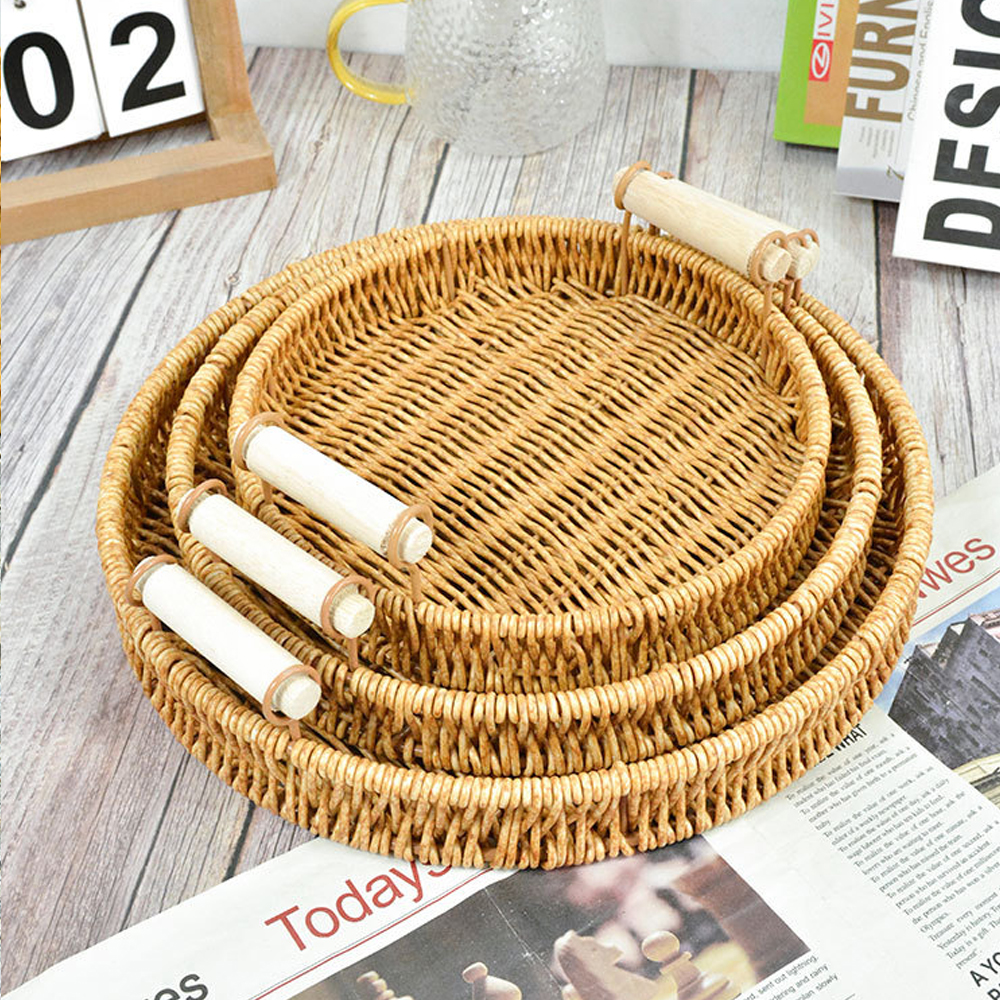 Rattan wicker handwoven dining serving tray platter with handles