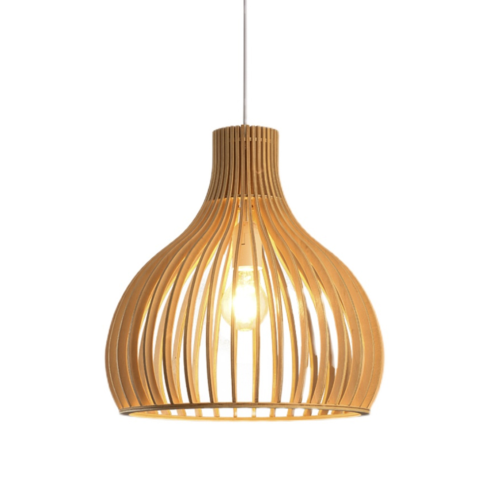 Modern Japanese Wooden Pendant Light Pumpkin Chandelier For Dining Room Bedroom