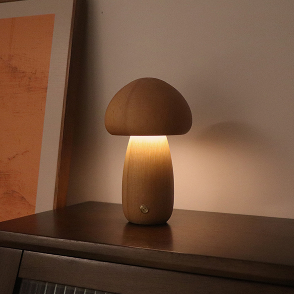 Wooden Mushroom Table Lamp LED Touch Switch Retro Sleeping Night Lamp