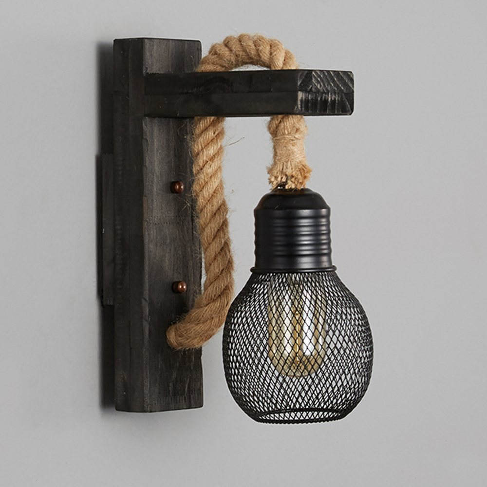 Retro Solid Wood Wall Lamp Industrial Style Hemp Rope Wall Sconce