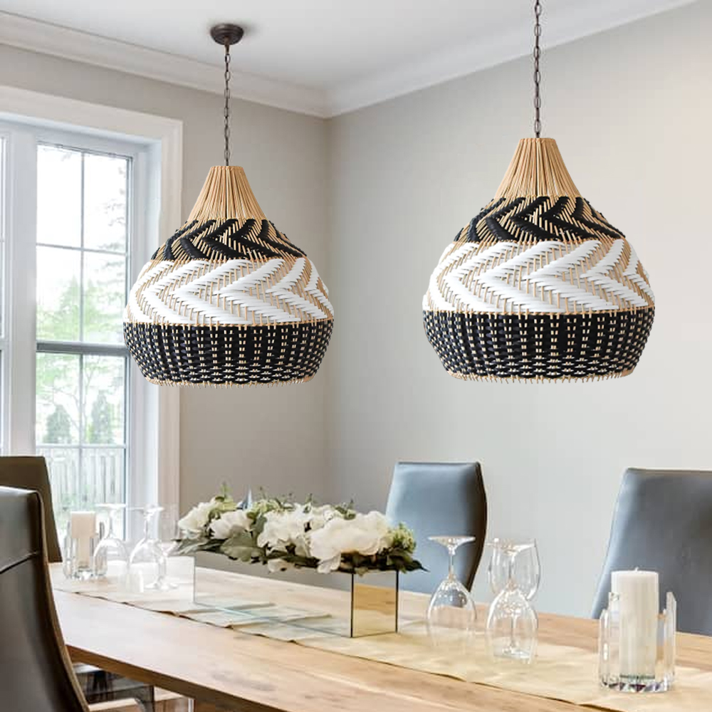Boho Black White Basket Weave Rattan Light Fixture Handmade Kitchen Lamp Shade