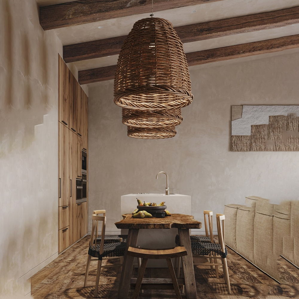 Wabi-sabi Vintage Pastoral Basket Weave Light Pendant Dining Room Rattan Decorative Lamps