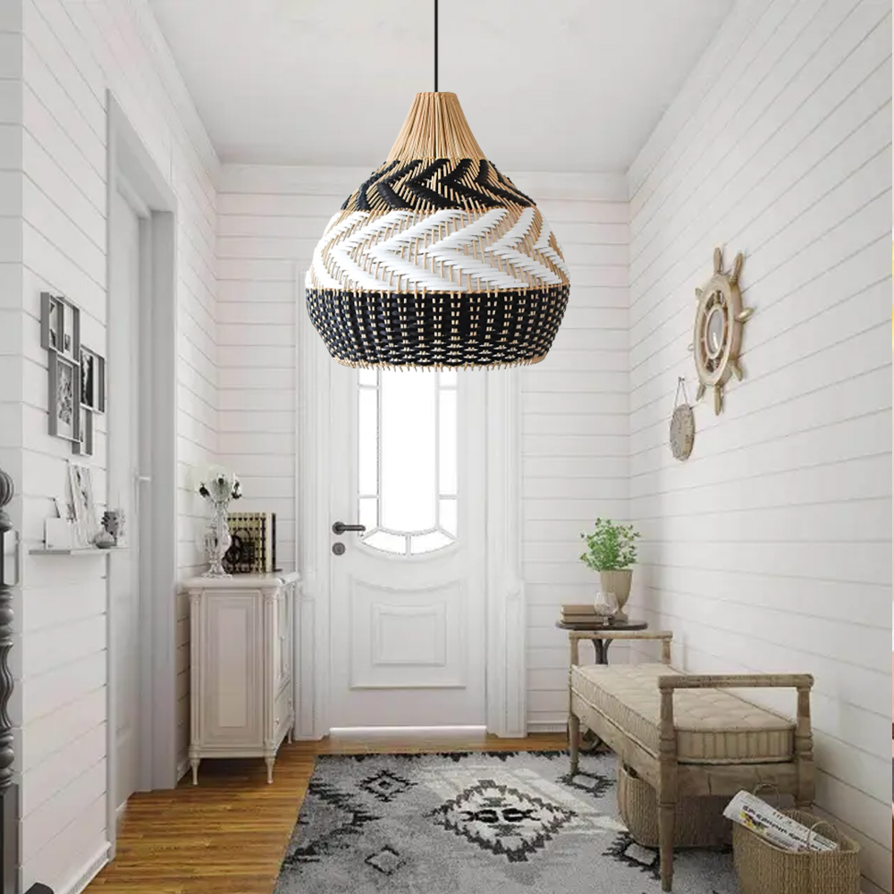 Boho Black White Basket Weave Rattan Light Fixture Handmade Kitchen Lamp Shade