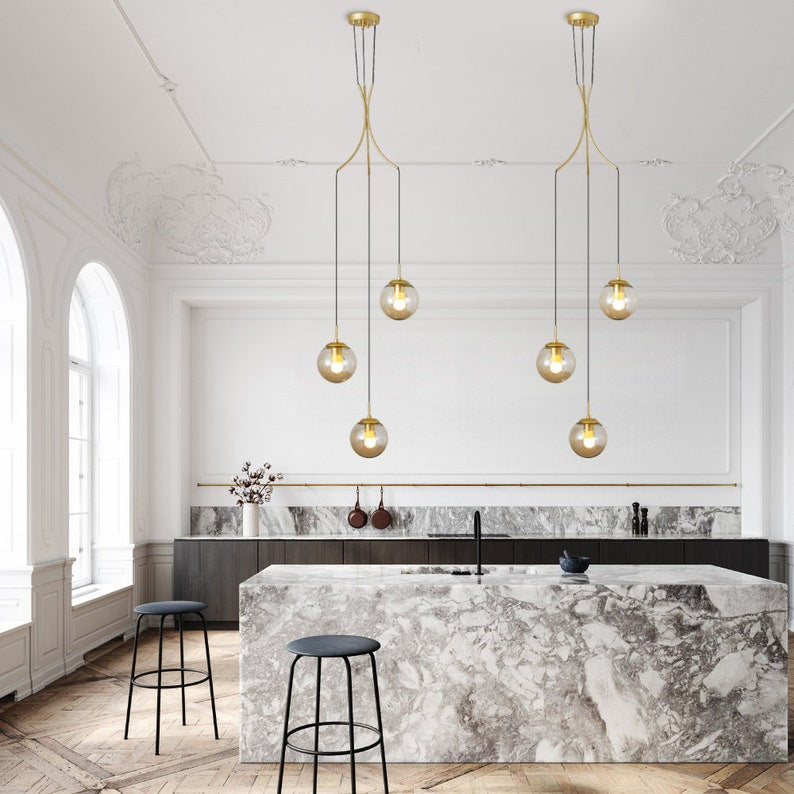 Minimalistic Bubble Brass Long Pendant Light Glass Chandelier