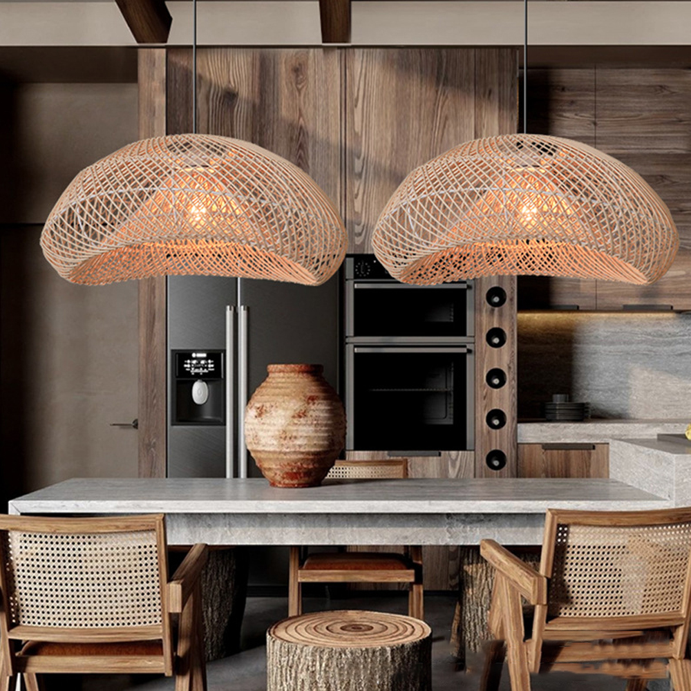 Handmade Wabi-Sabi Rattan Woven Dining Room Pendant Lamp Wicker Light Fixture