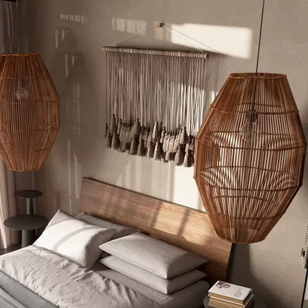Wabi Sabi Style Bedroom Chandelier Japanese Transitional Zen Rattan Art Lamp Shade