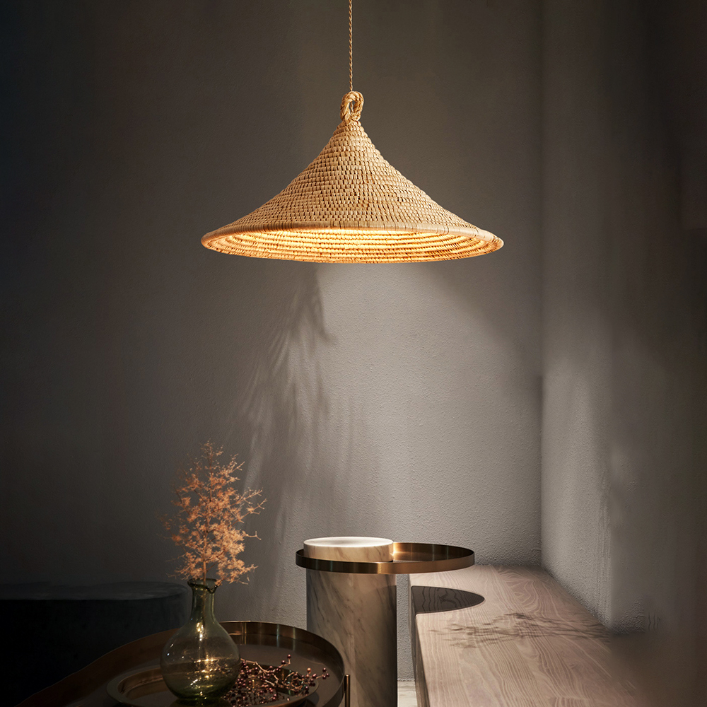 Wabi-sabi Hardwired Rattan Straw Hat Pendant Light Home Decor Lamp