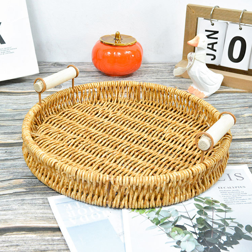 Rattan wicker handwoven dining serving tray platter with handles