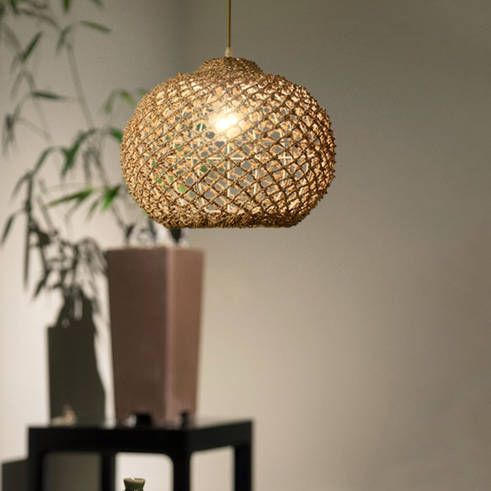 Hand-woven Hollow Rattan Pendant Light Vintage Small Chandelier For Dining Room