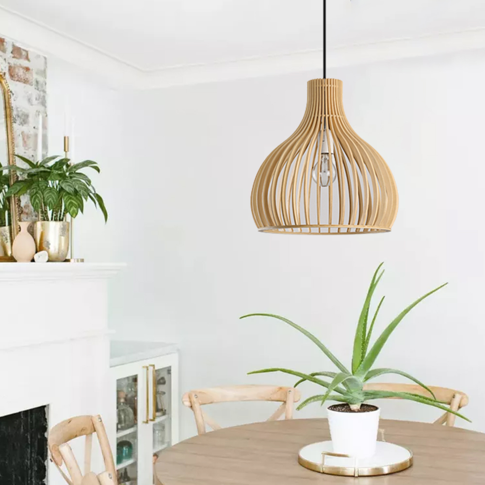 Modern Japanese Wooden Pendant Light Pumpkin Chandelier For Dining Room Bedroom