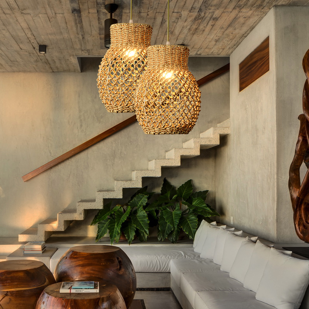 Wabi Sabi Style Designer Rattan Dining Room Pendant Chandelier Retro Lamps