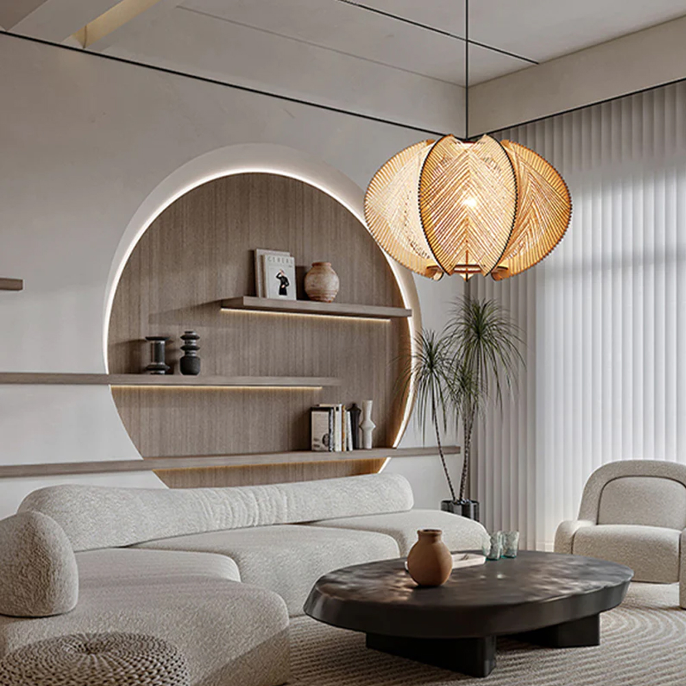 Wabi Sabi Scandinavian Wooden Pendant Lights Mid Century  Rope Chandelier