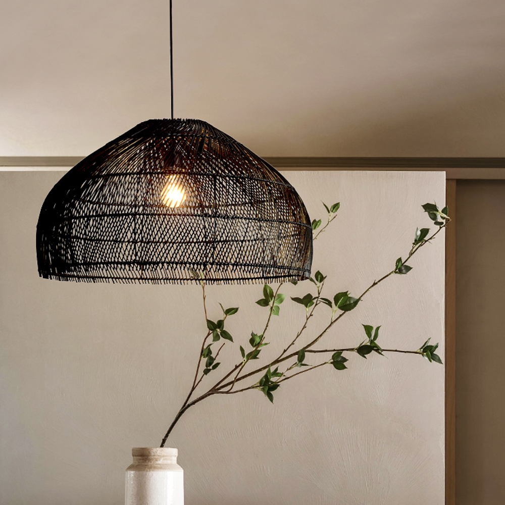 Japanese Log Style Black Bamboo Weaving Chandelier Dining Room Living Room Lamp