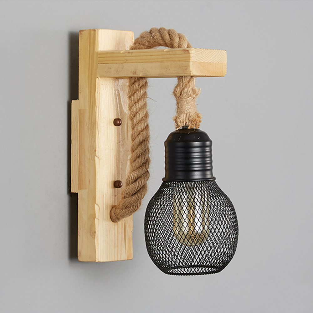 Retro Solid Wood Wall Lamp Industrial Style Hemp Rope Wall Sconce