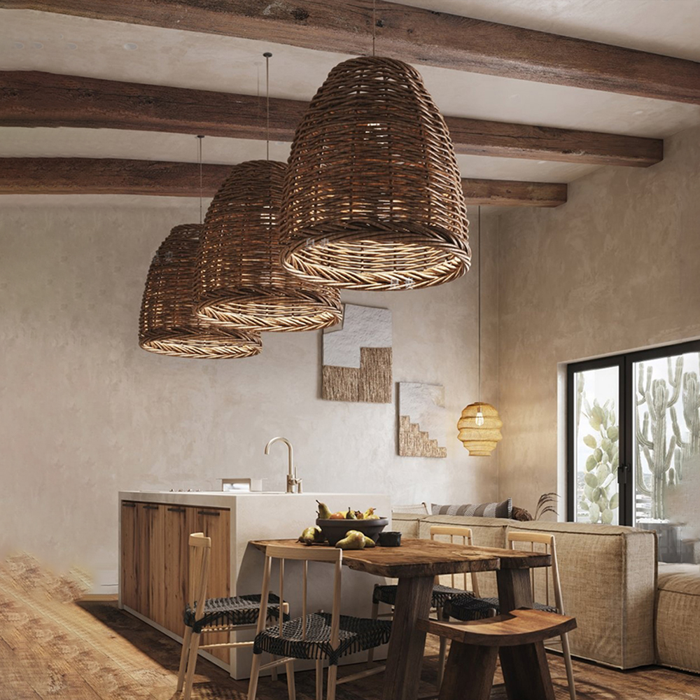 Wabi-sabi Vintage Pastoral Basket Weave Light Pendant Dining Room Rattan Decorative Lamps