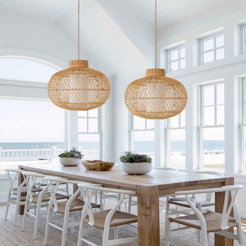 Boho Coastal Dining Room Pendant Light Fixtures Handmade Natural Rattan Chandelier