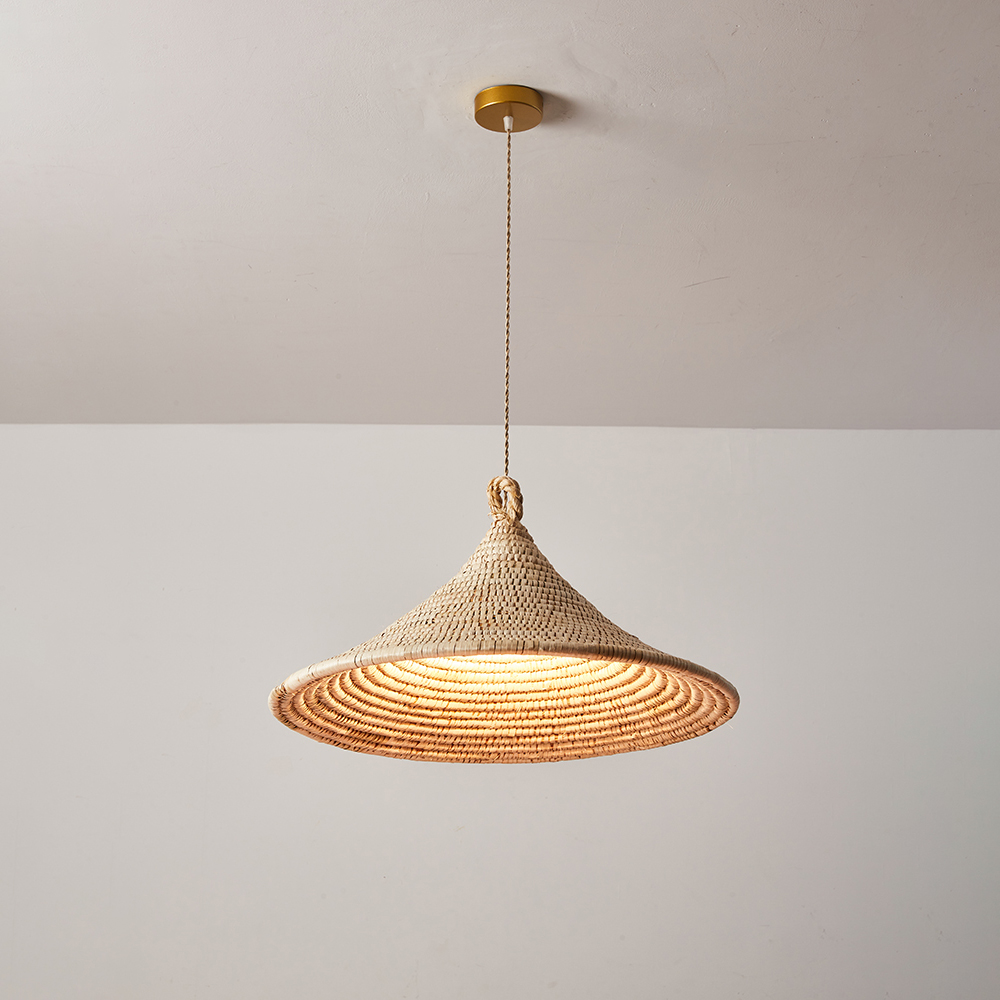 Wabi-sabi Hardwired Rattan Straw Hat Pendant Light Home Decor Lamp