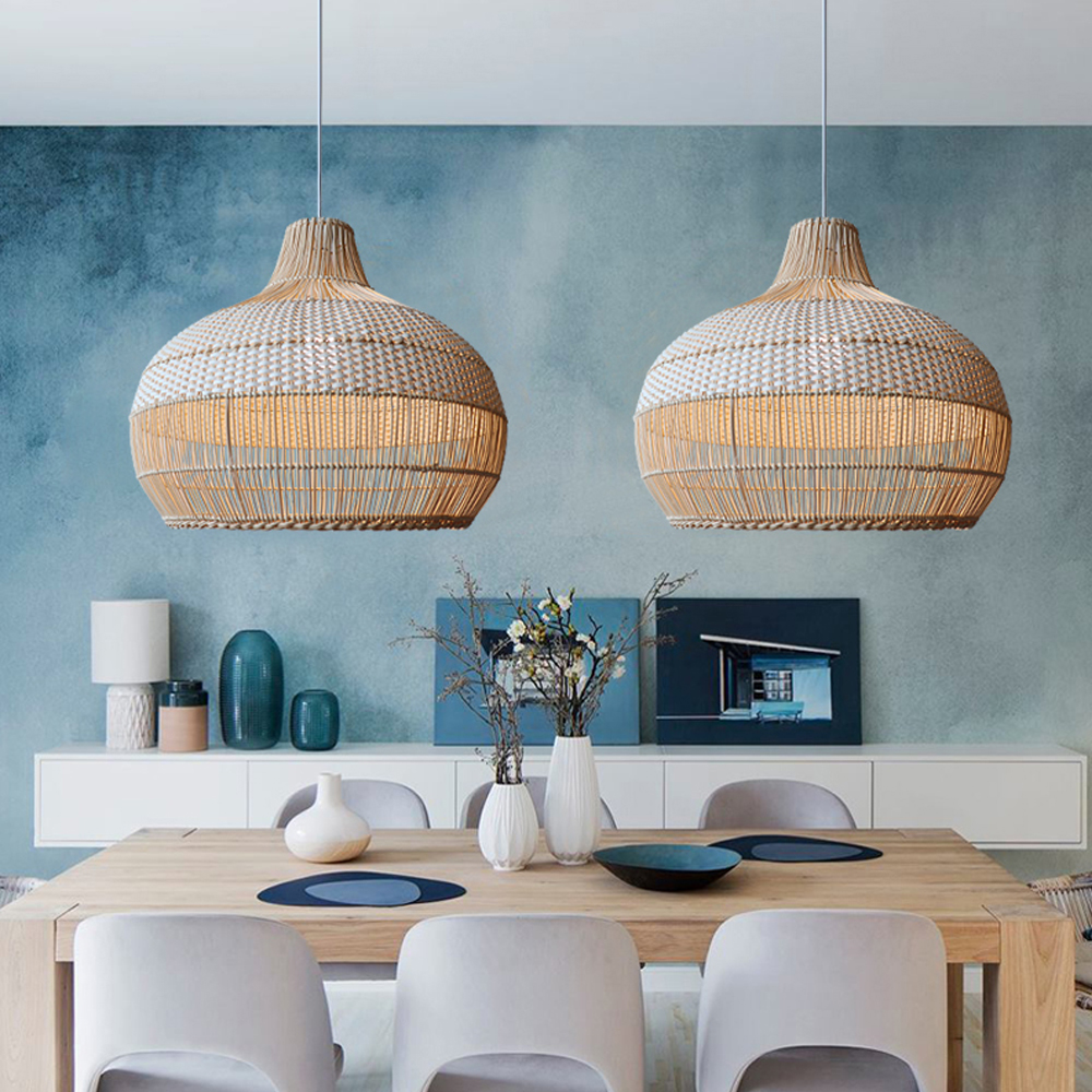Boho Luminaire Dining Room Rattan Pendant Light Kitchen Tropical Lampshade Wicker Bamboo Vine Light Fixture