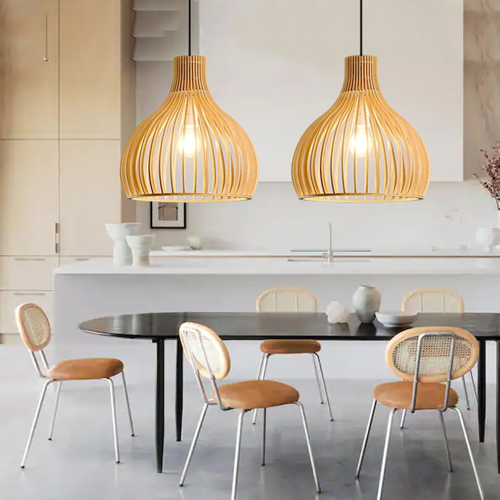 Modern Japanese Wooden Pendant Light Pumpkin Chandelier For Dining Room Bedroom