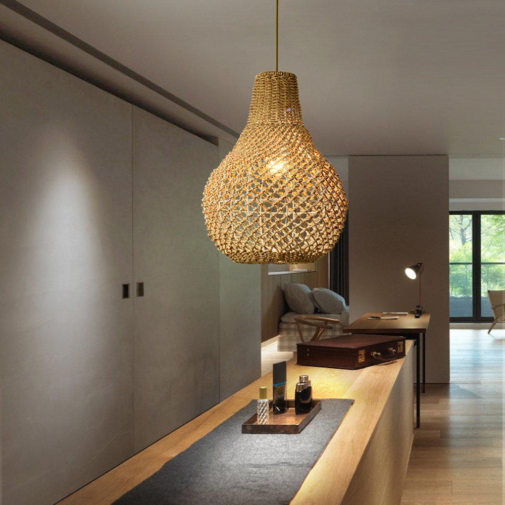 Wabi Sabi Style Designer Rattan Dining Room Pendant Chandelier Retro Lamps