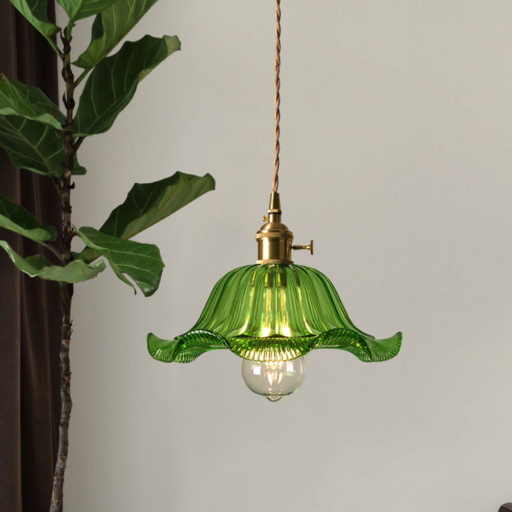 Vintage Green Copper Glass Chandelier Adjustable Pendant Light