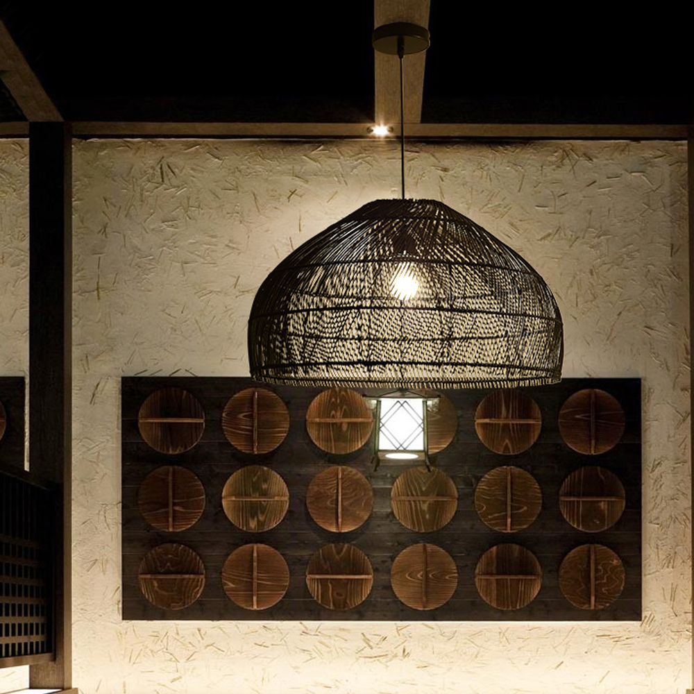 Japanese Log Style Black Bamboo Weaving Chandelier Dining Room Living Room Lamp