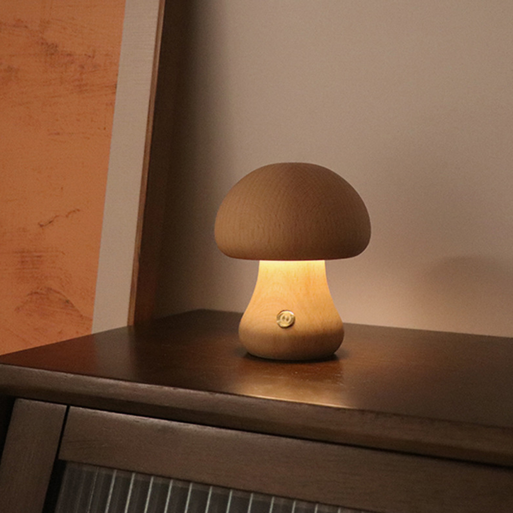 Wooden Mushroom Table Lamp LED Touch Switch Retro Sleeping Night Lamp