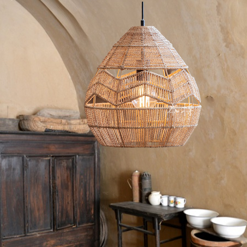 Wabi-Sabi Woven Rope Chandelier Chic Wicker Light Fixtures For Homestay