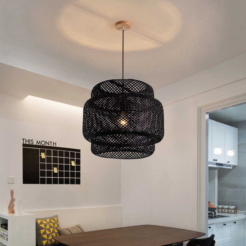 Black Bamboo Tiered Chandelier Wicker Lamp Shades For Living Room